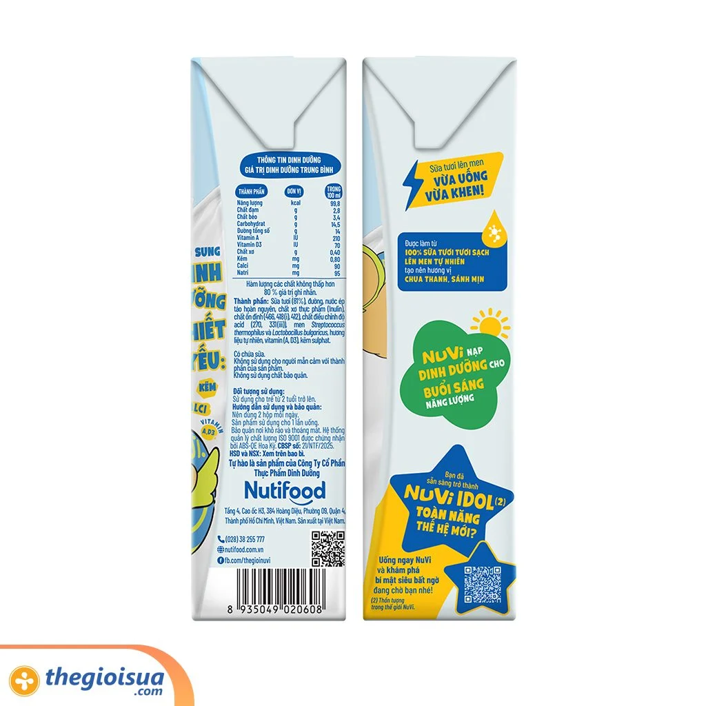 Sữa Tươi Lên Men Tiệt Trùng NUVI Vị Nguyên Bản 4x170ml