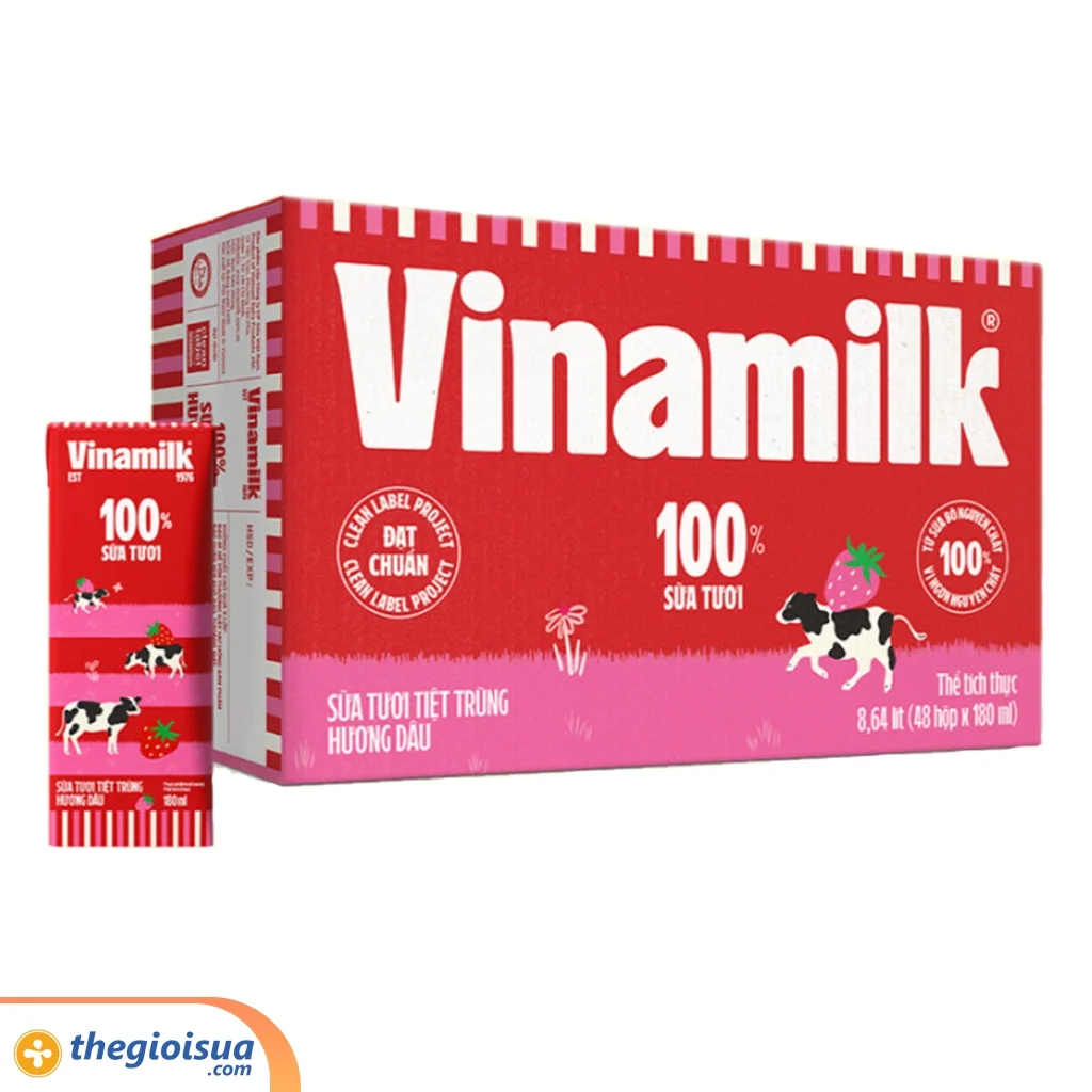 Sữa tươi tiệt trùng Vinamilk 100% Hương Dâu 180ml