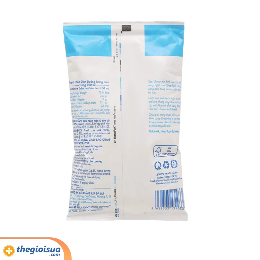 Sữa tươi tiệt trùng ít đường Dalatmilk 220ml