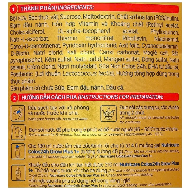 Sữa bột Nutricare colos 24H grow plus 1+ 850g (Từ 1-2 tuổi)