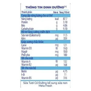 Sữa tươi có đường bổ sung sữa non Meta Fresh 4*180ml