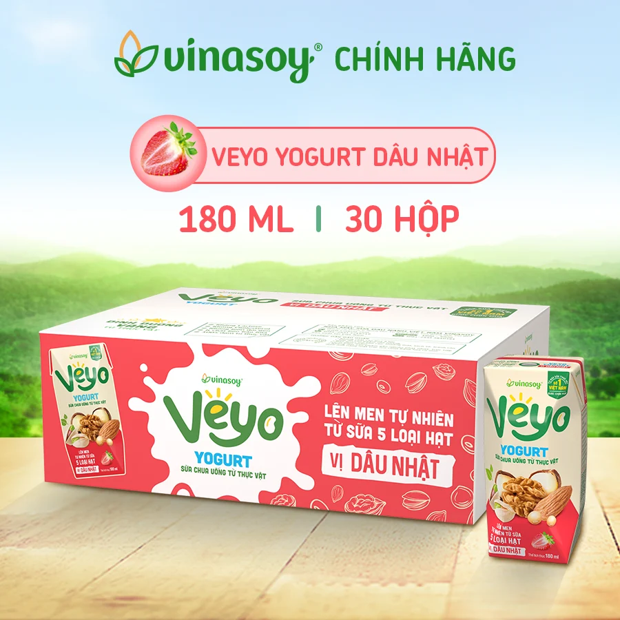 Sữa chua uống Veyo Yogurt vị dâu nhật 180ml – Lốc 3 hộp, thùng 10 lốc
