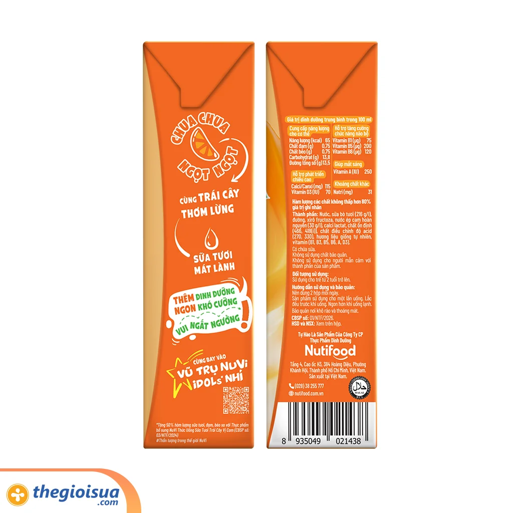 Sữa tươi trái cây tươi Nuvi cam hộp 180ml