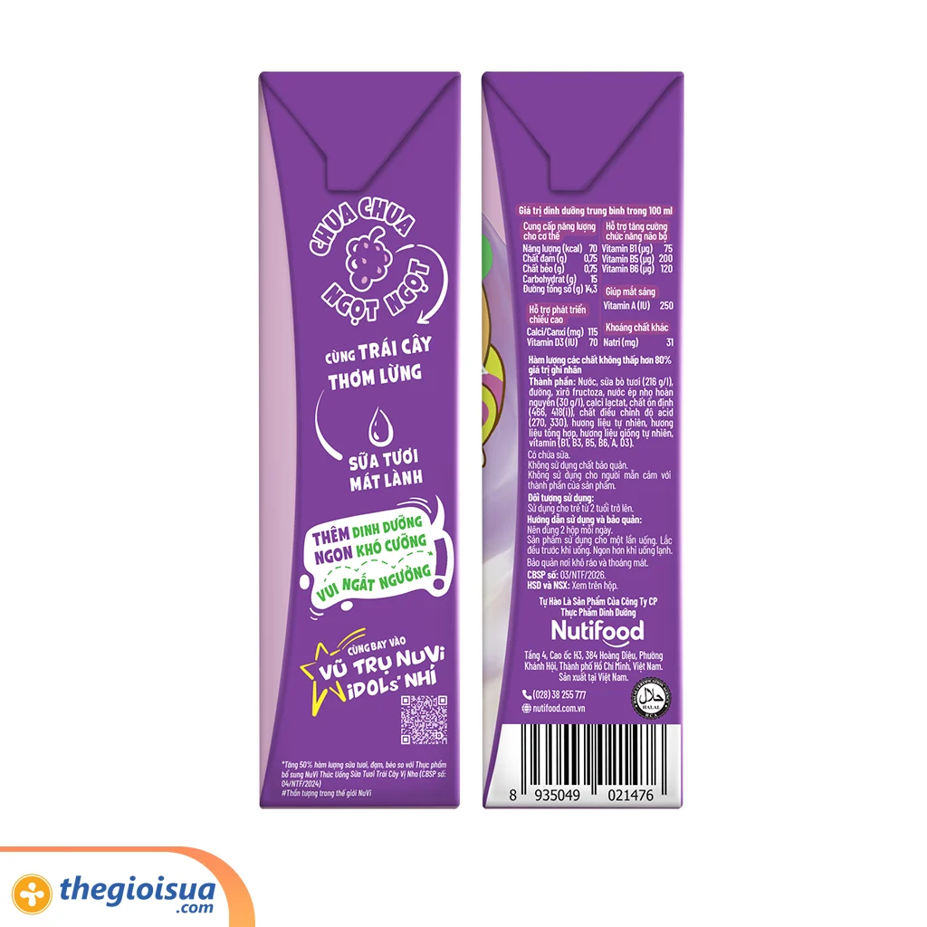 Sữa tươi trái cây tươi Nuvi Nho hộp 180ml