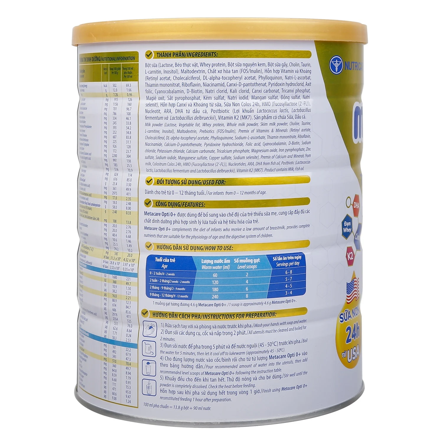 Sữa bột Metacare Opti 0+ 800g cho bé 0-12 tháng (Vàng)