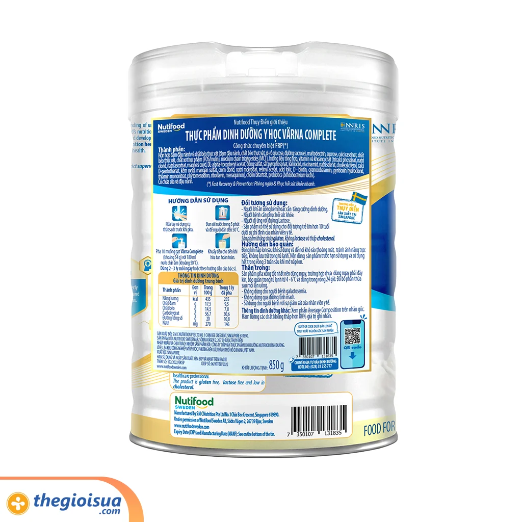 Sữa bột dinh dưỡng Varna Complete Lon 850g