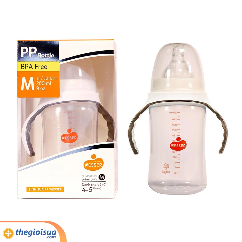 Bình sữa PP Wesser 260ml có tay cầm