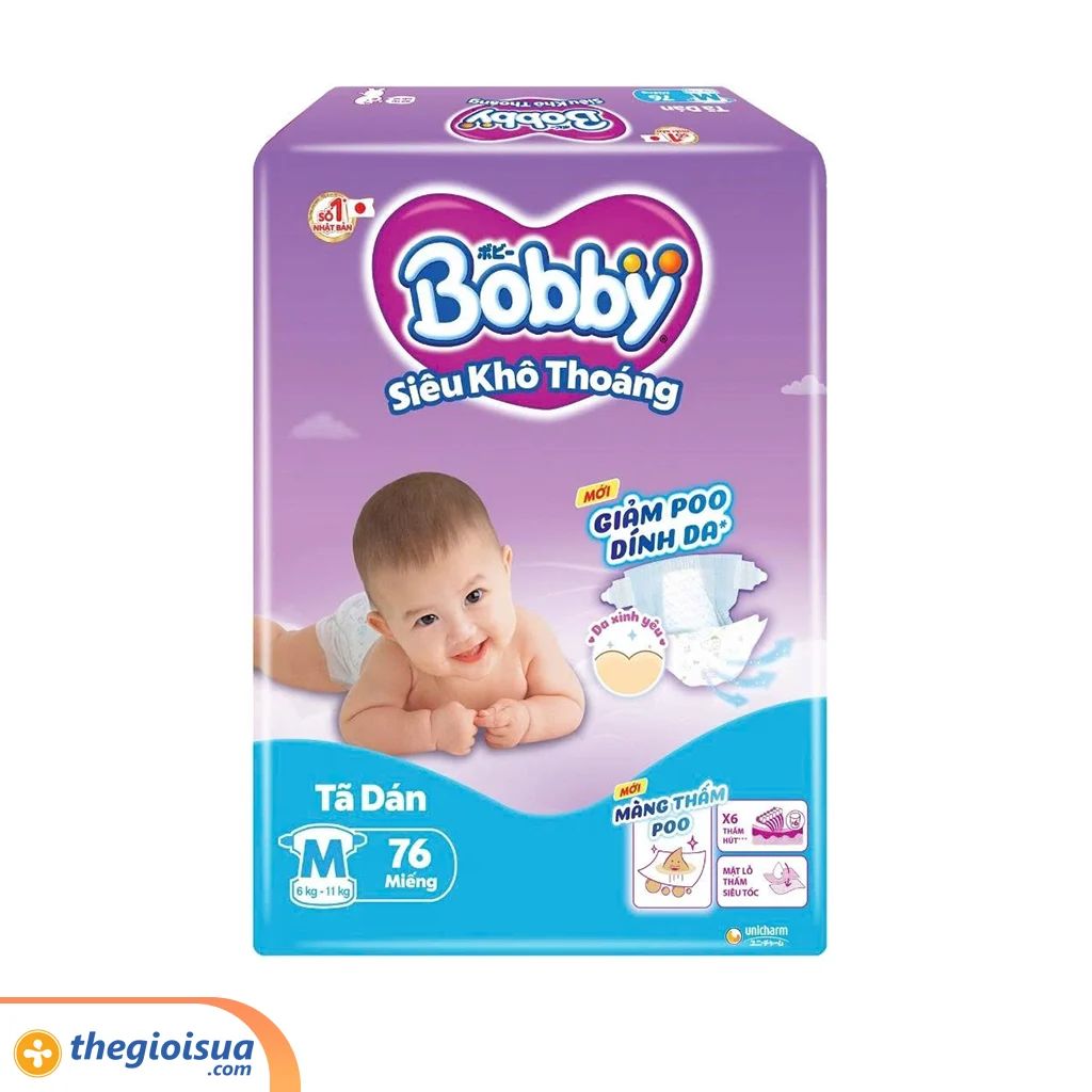 Tã dán Bobby Siêu Thấm - Khô Thoáng size M 76 miếng (6-11kg)