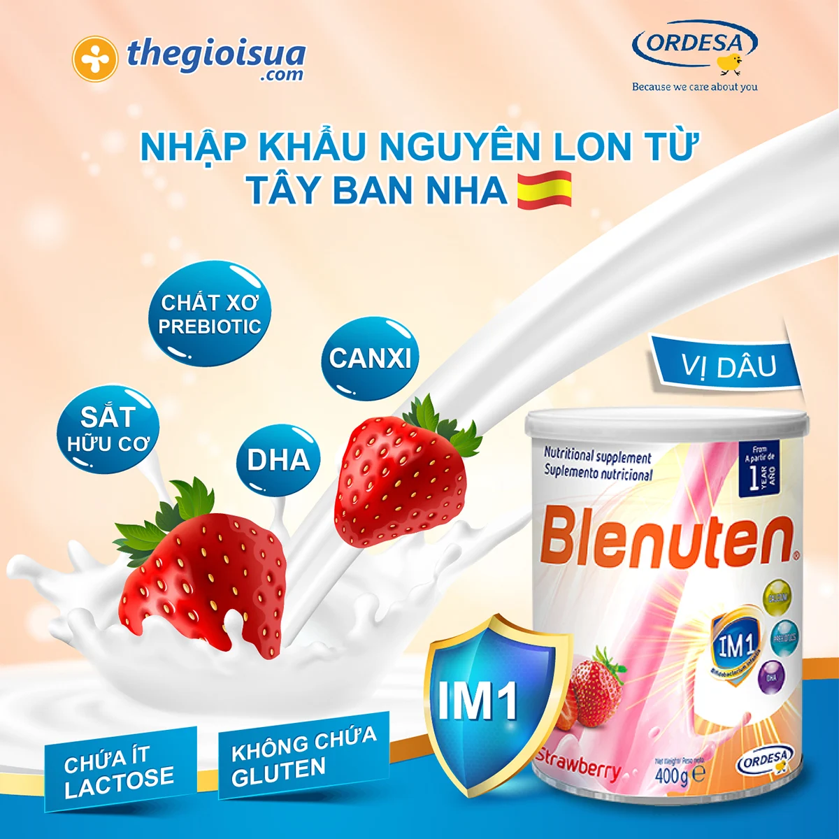 Sữa bột Blenuten tăng cân năng lượng cao vị Strawberry 800g