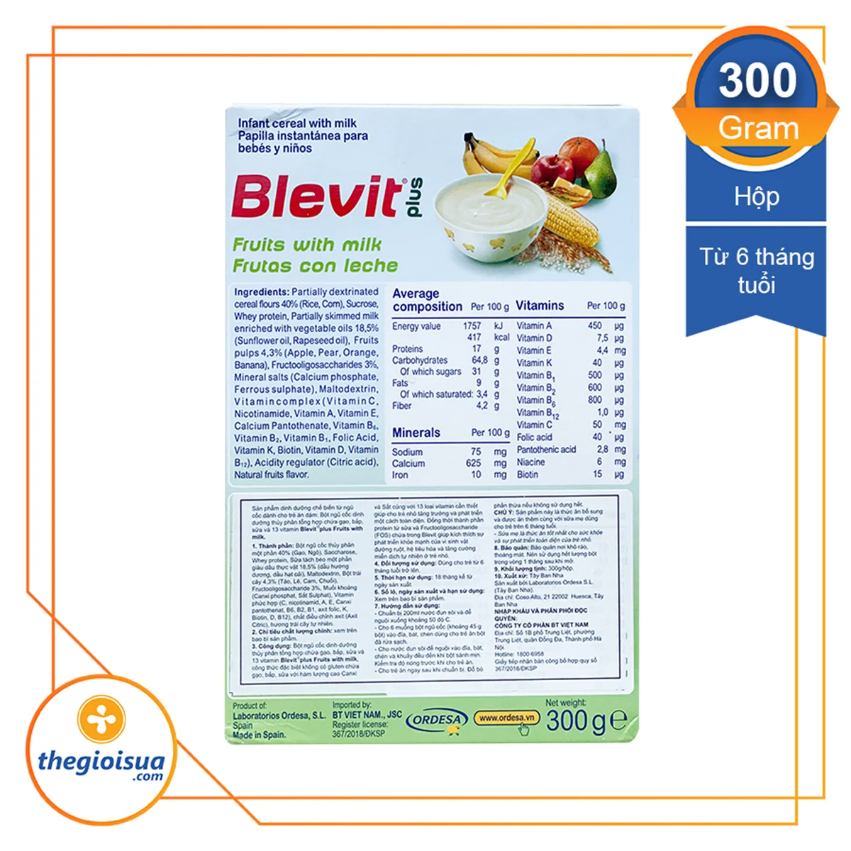 Bột ăn dặm Blevit plus Trái Cây Sữa 300g