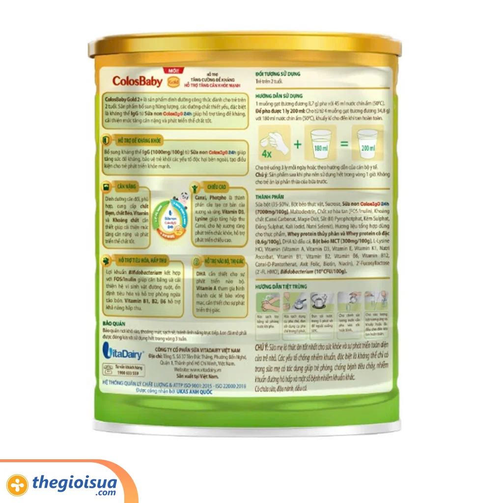 Sữa bột dinh dưỡng Colos Baby Gold 2+ 800g