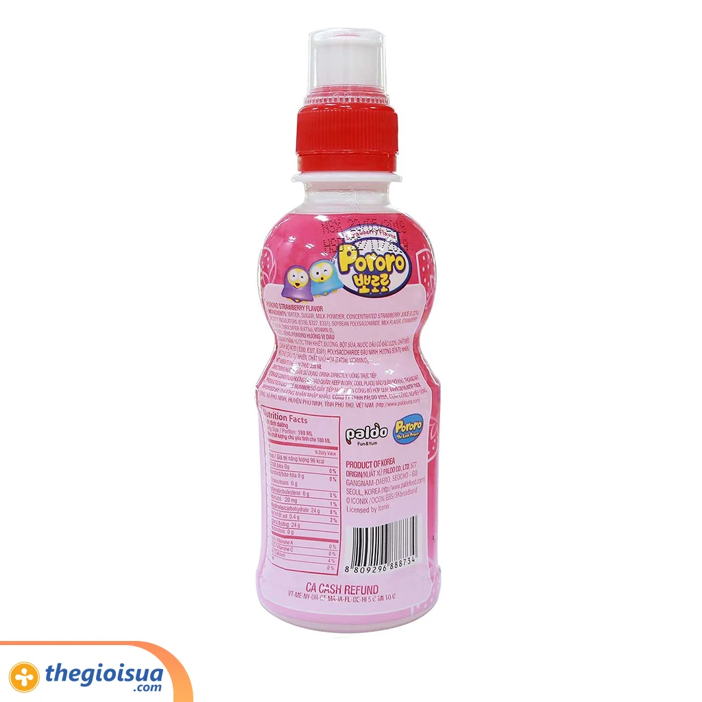Nước uống Pororo hương vị dâu chai 235ml, thùng 24 chai – cho bé trên 3 tuổi
