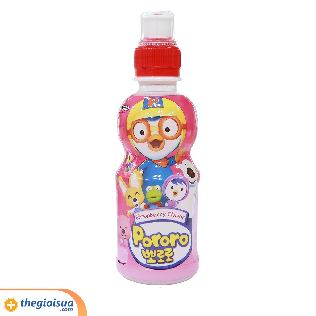 Nước uống Pororo hương vị dâu chai 235ml, thùng 24 chai - cho bé trên 3 tuổi