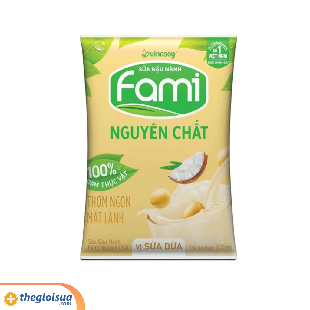 Sữa đậu nành Fami nguyên chất vị sữa dừa túi 200ml - thùng 40 túi