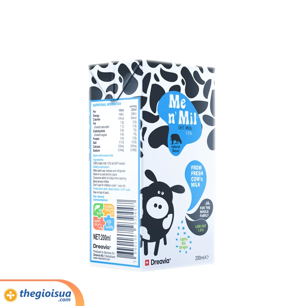 Sữa tươi tiệt trùng Me n' Mil UHT Natural Milk 1,5% 200ml