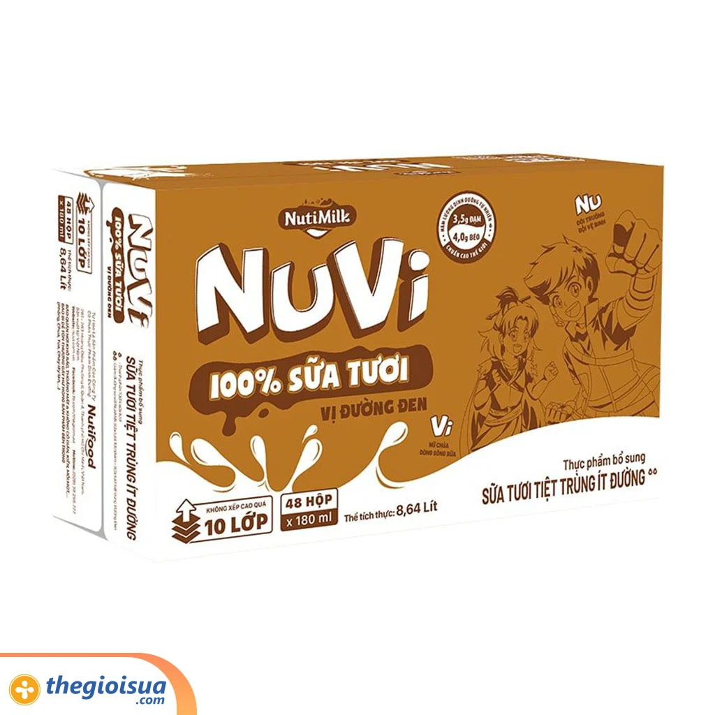 Nuvi 100% sữa tươi – STTT Ít đường vị đường đen 180ml