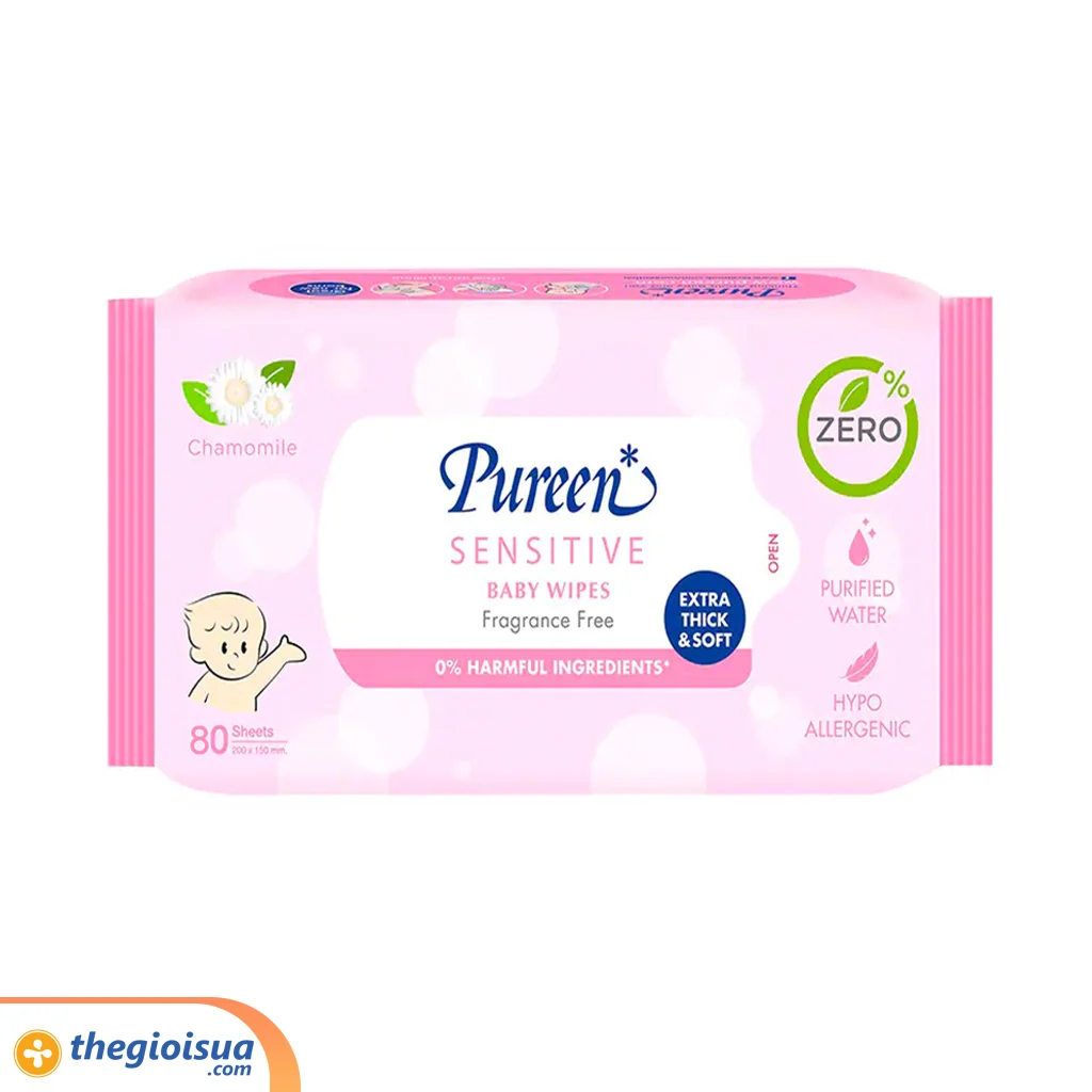 Khăn ướt trẻ em Pureen có mùi màu hồng 80 tờ