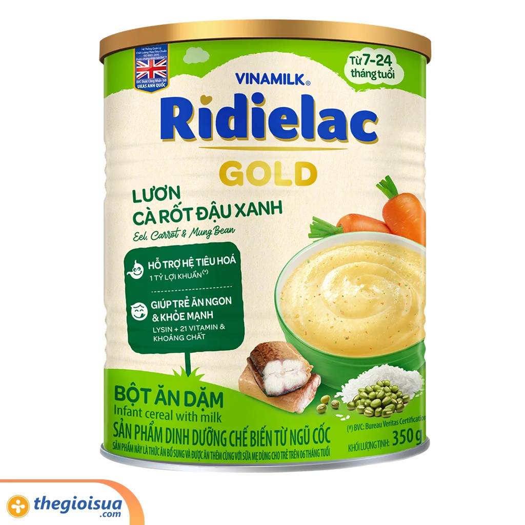 Bột ăn dặm Ridielac Gold Lươn cà rốt đậu xanh hộp thiếc 350g