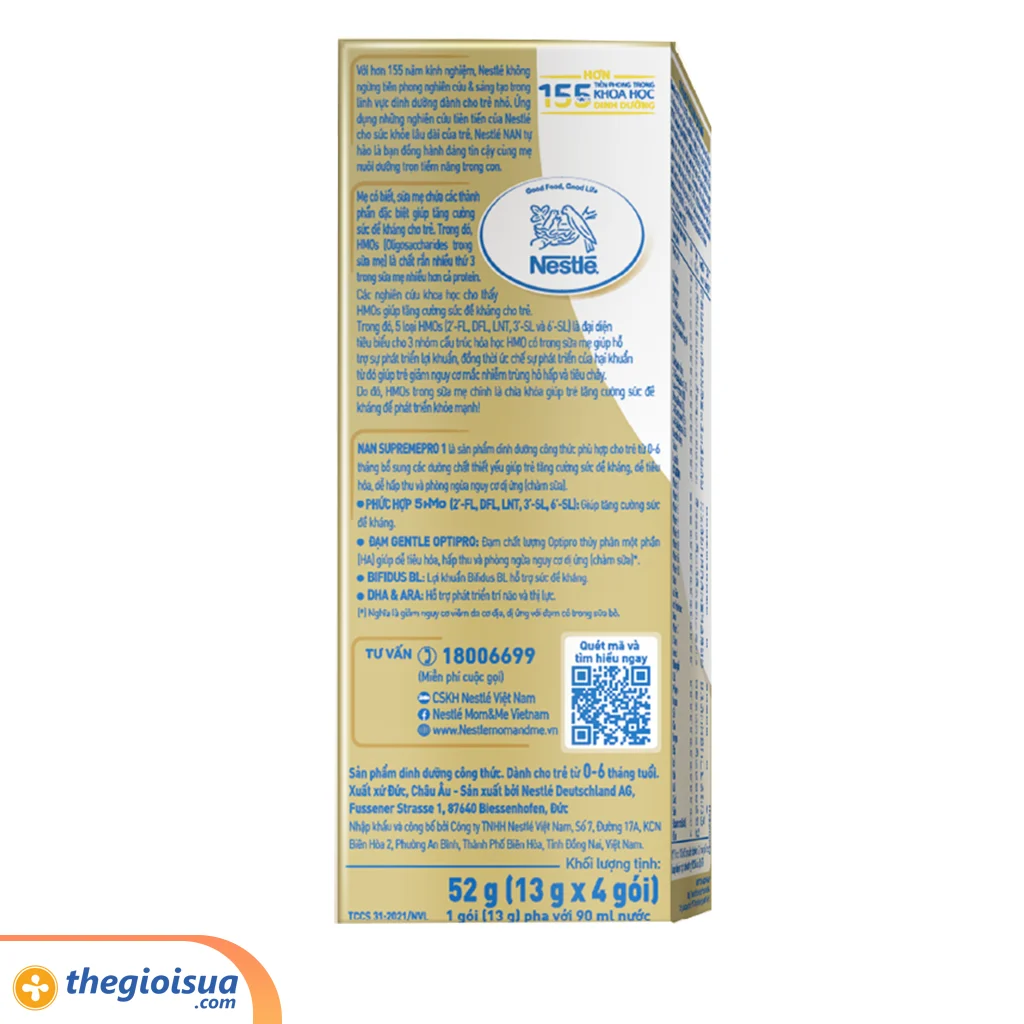 Sữa bột dinh dưỡng công thức Nestle Nan SupremePro 1 cho bé từ 0 – 6 tháng (4 x 13g)