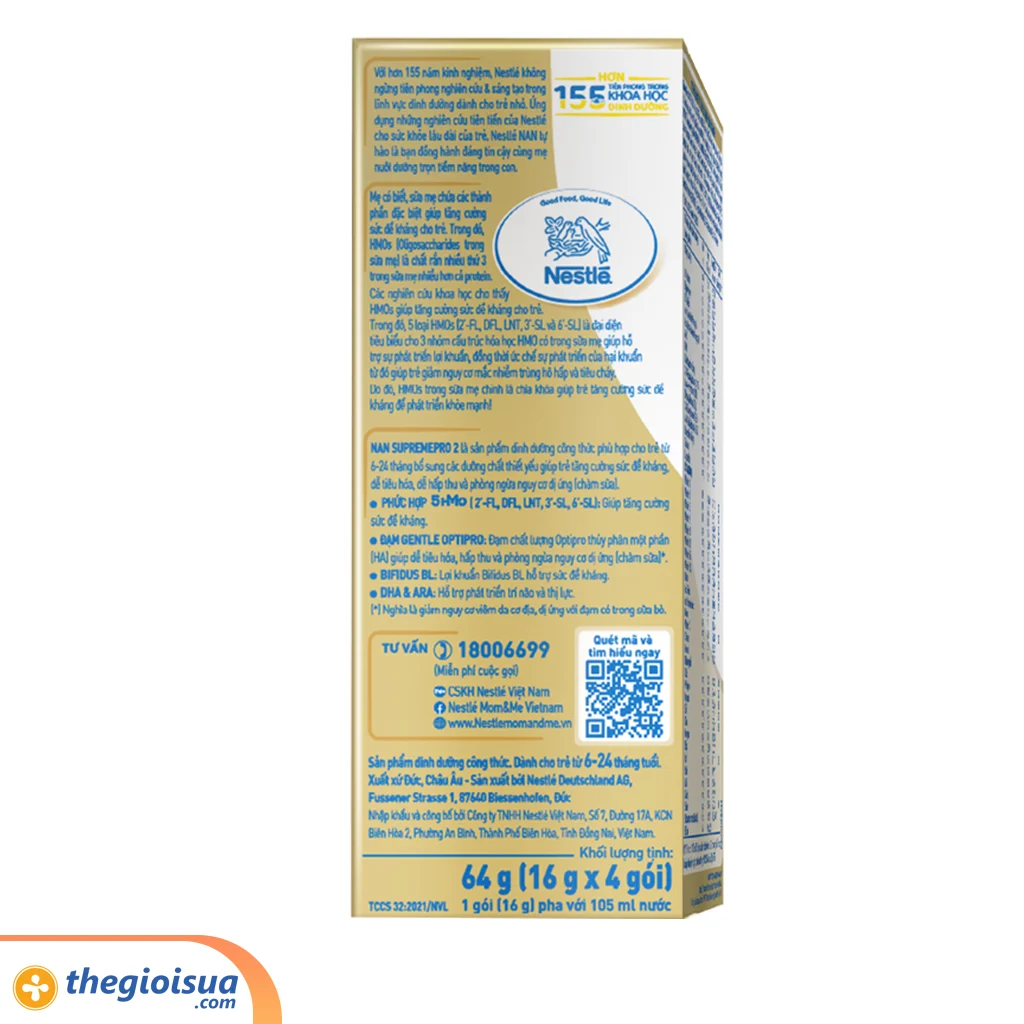 Sữa bột dinh dưỡng công thức Nestle Nan SupremePro 2 cho bé từ 6 – 24 tháng (4gói x 16g)