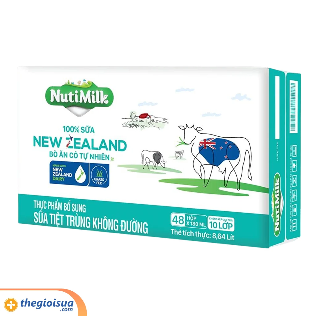 Sữa tiệt trùng không đường NutiMilk 100% sữa New Zealand 180ml