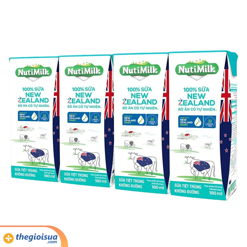 Sữa tiệt trùng không đường NutiMilk 100% sữa New Zealand 180ml