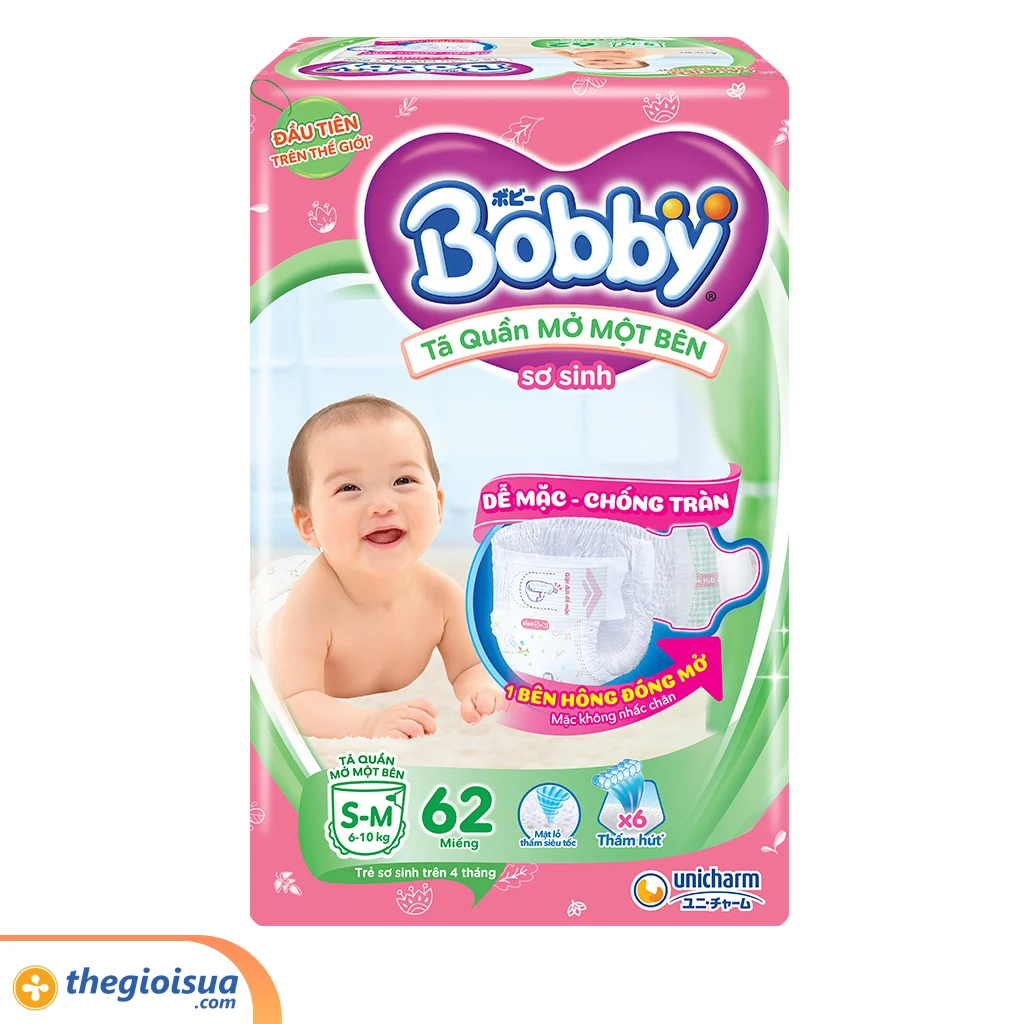 Tã Quần Bobby mở một bên size S-M (6-10kg) 62 miếng