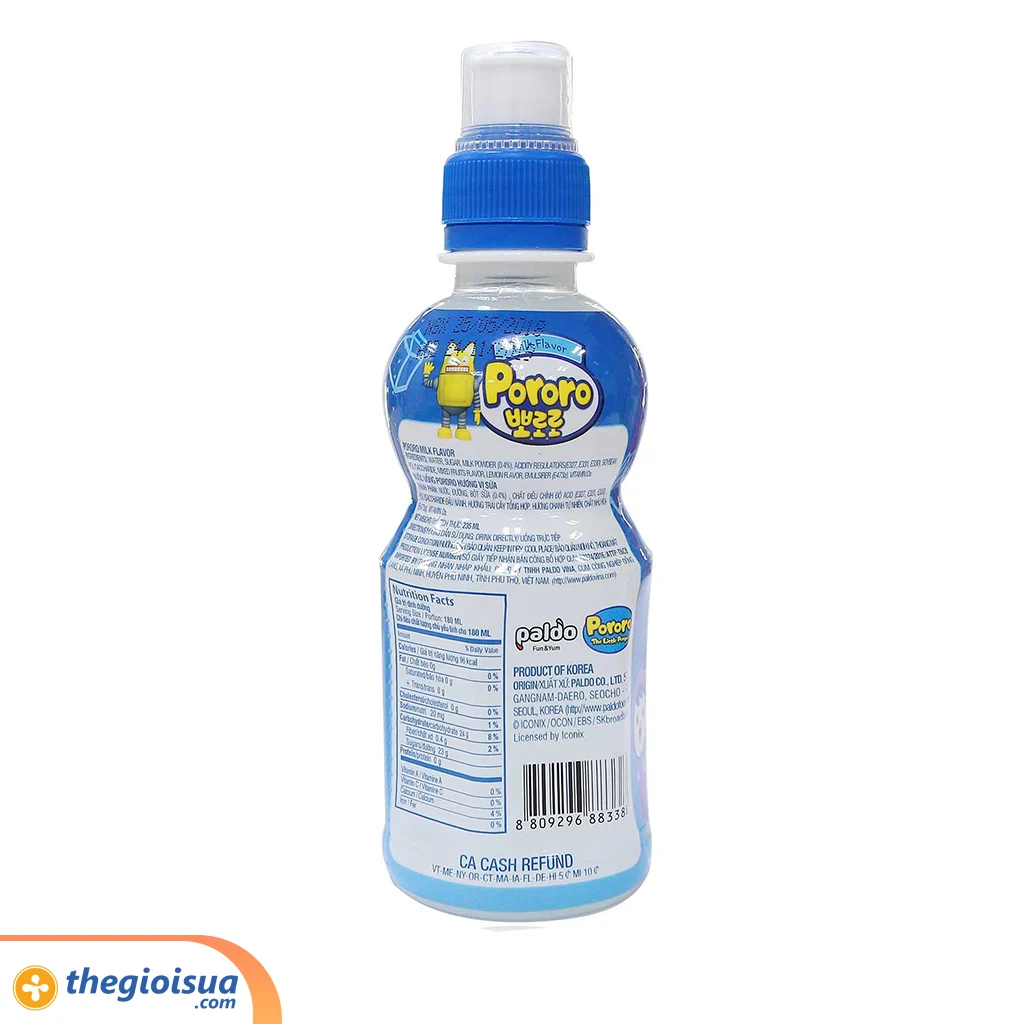 Nước uống Pororo hương vị sữa chai 235ml, thùng 24 chai – cho bé trên 3 tuổi