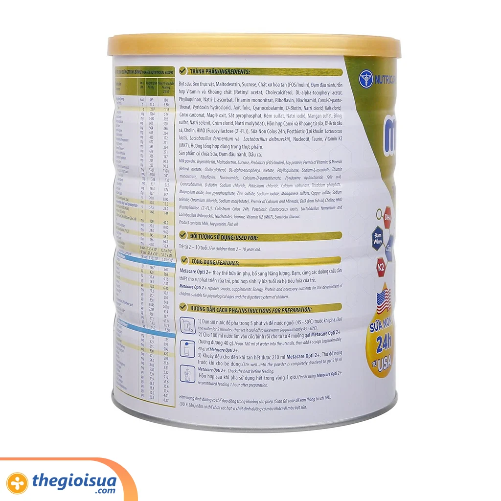 Sữa bột Nutricare Metacare Opti 2+ 850g (Vàng) từ 2-10 tuổi