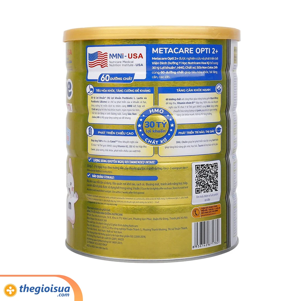 Sữa bột Nutricare Metacare Opti 2+ 850g (Vàng) từ 2-10 tuổi