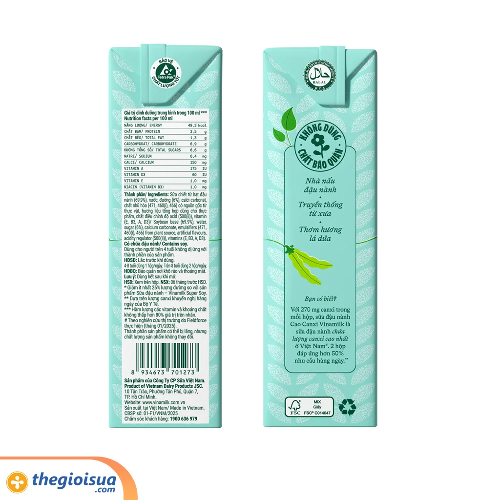 Sữa đậu nành cao Canxi Vinamilk ít đường hộp 180ml