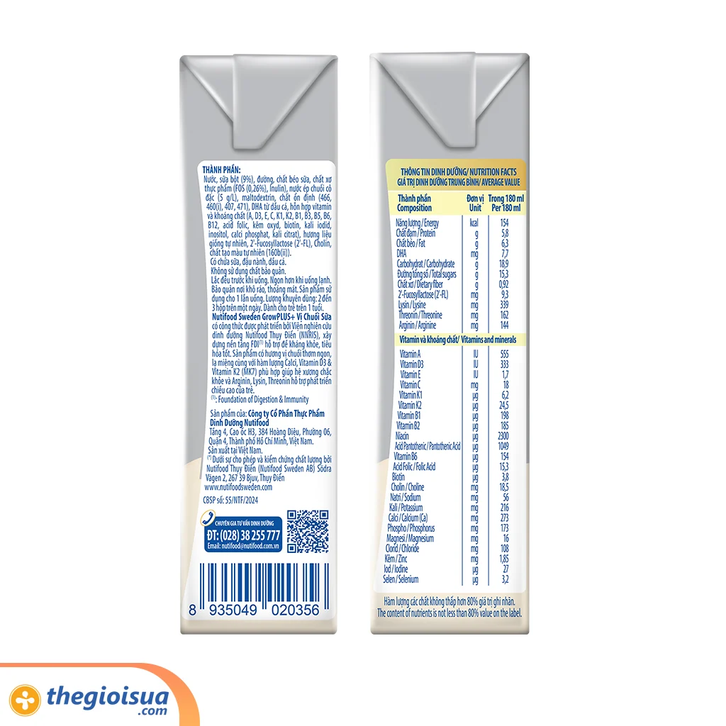 Sữa Pha Sẵn GrowPlus+ Vị chuối sữa Hộp 180ml
