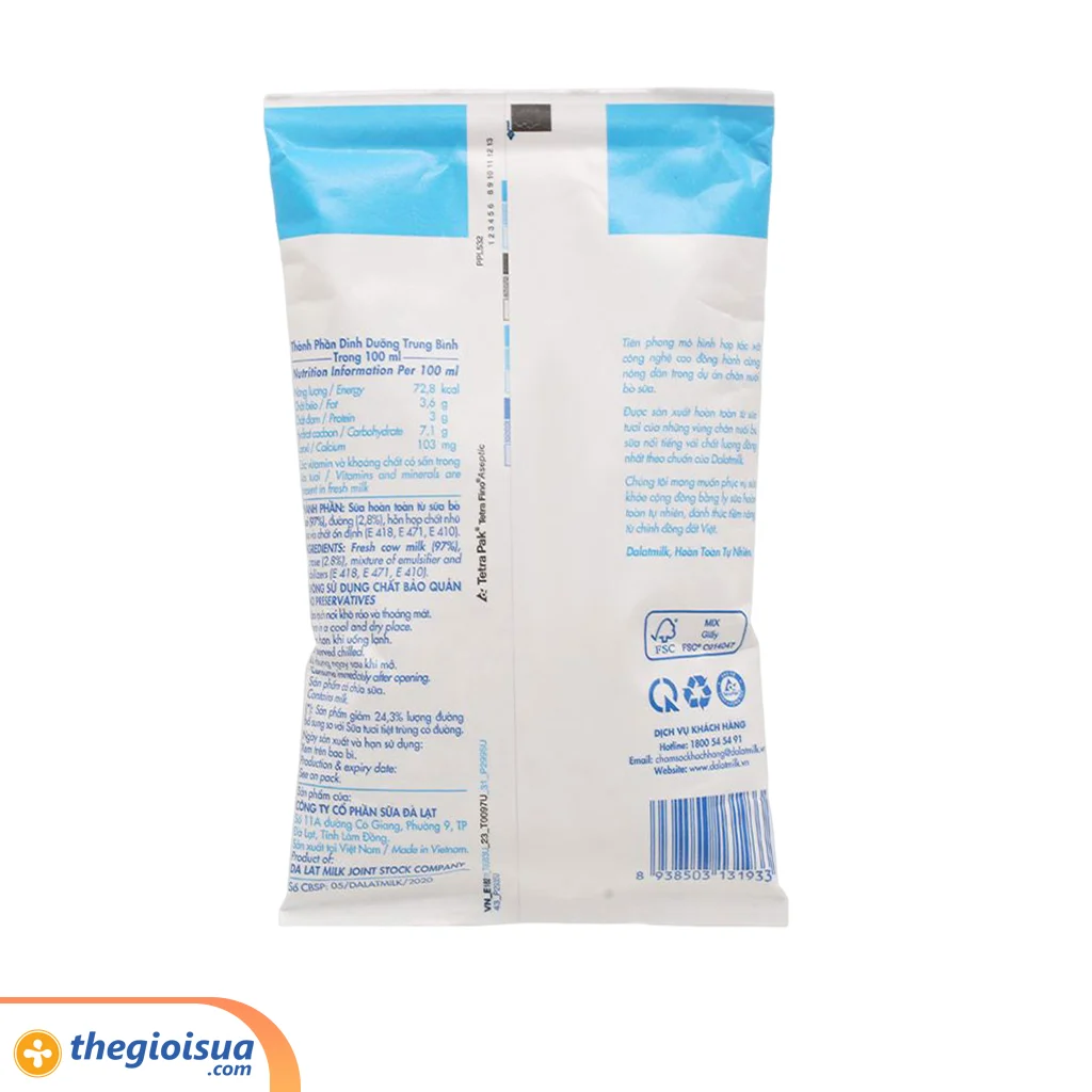 Sữa tươi tiệt trùng ít đường Dalatmilk 220ml