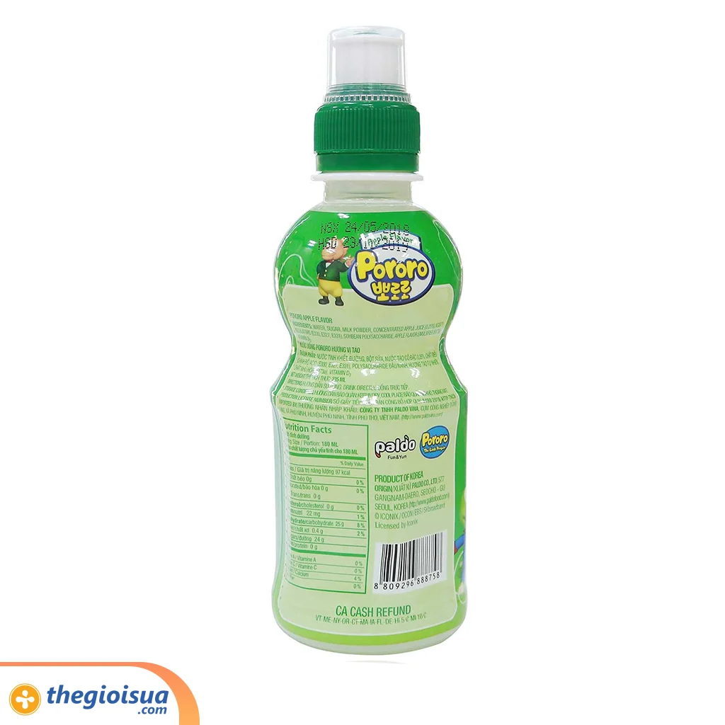 Nước uống Pororo hương vị táo chai 235ml, thùng 24 chai – cho bé trên 3 tuổi