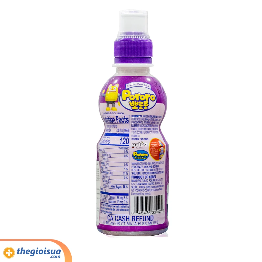 Nước uống Pororo hương vị việt quất 235ml, thùng 24 chai – cho bé trên 3 tuổi