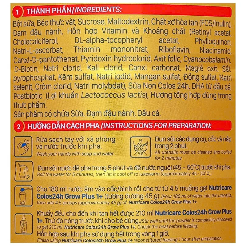 Sữa bột Nutricare colos 24H grow plus 1+ 850g (Từ 1-2 tuổi)