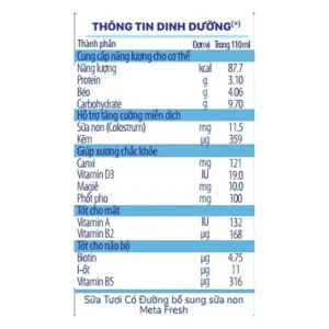 Sữa tươi có đường bổ sung sữa non Meta Fresh 4*180ml