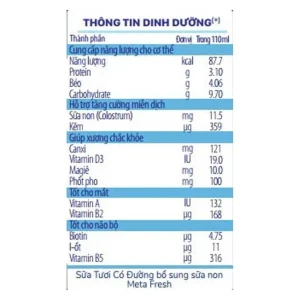 Sữa tươi có đường bổ sung sữa non Meta Fresh 4*110ml