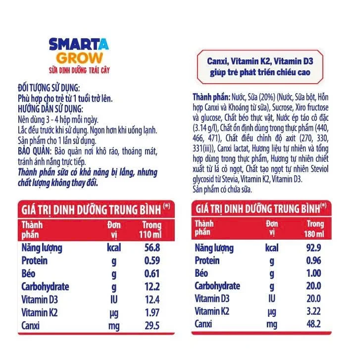 Sữa dinh dưỡng trái cây Smarta Grow hương trái cây nhiệt đới 4x180ml